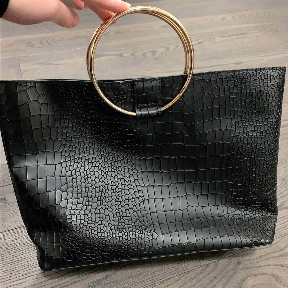 Croc print gold hardware black bag